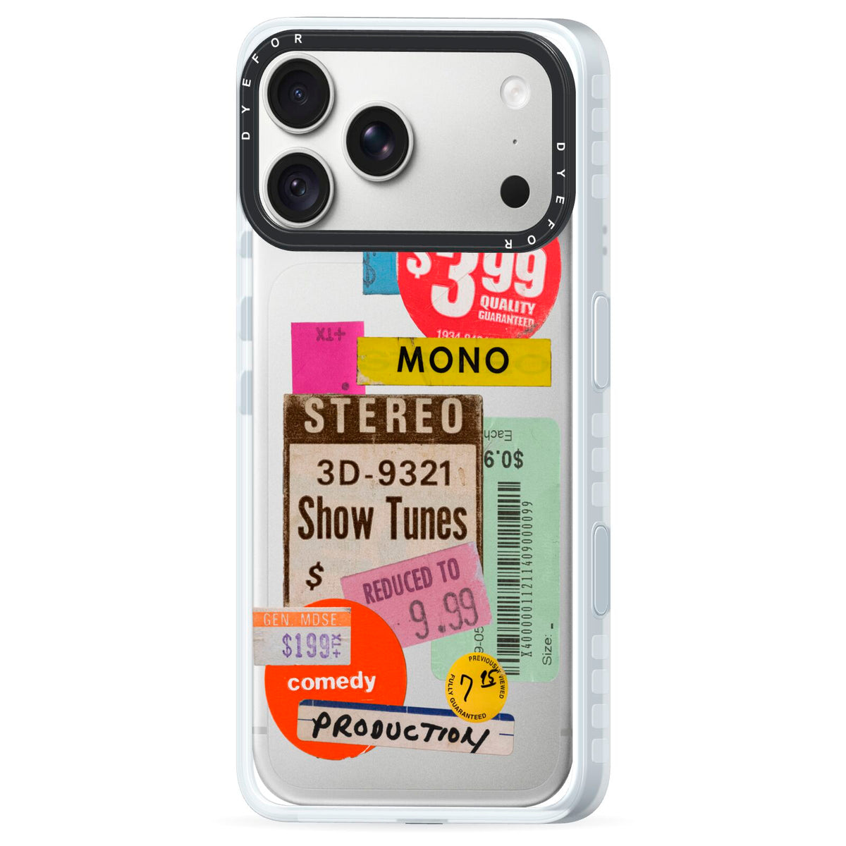 Vintage Sale Stickers iPhone 18 Pro Black Impact Pre order Case Side Angle on Silver phone
