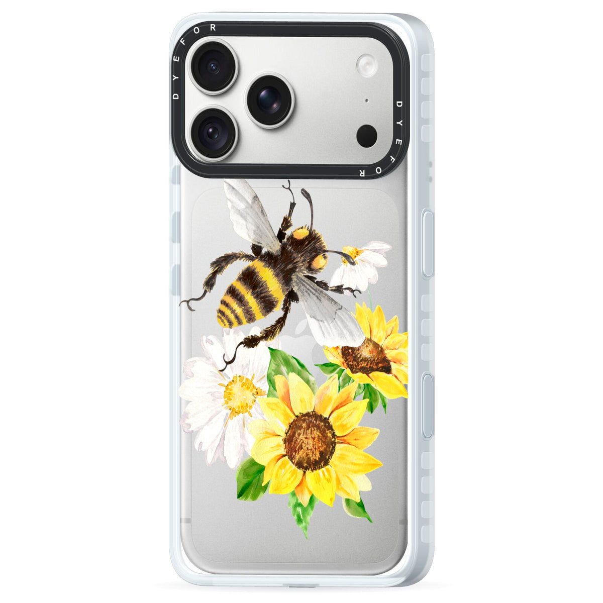 Watercolour Bee and Sunflowers iPhone 18 Pro Max Black Impact Pre order Case Side Angle on Silver phone
