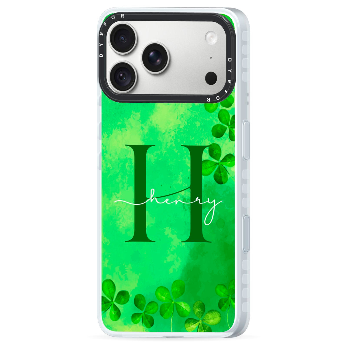 Watercolour Shamrock Pattern Name iPhone 18 Pro Max Black Impact Pre order Case Side Angle on Silver phone