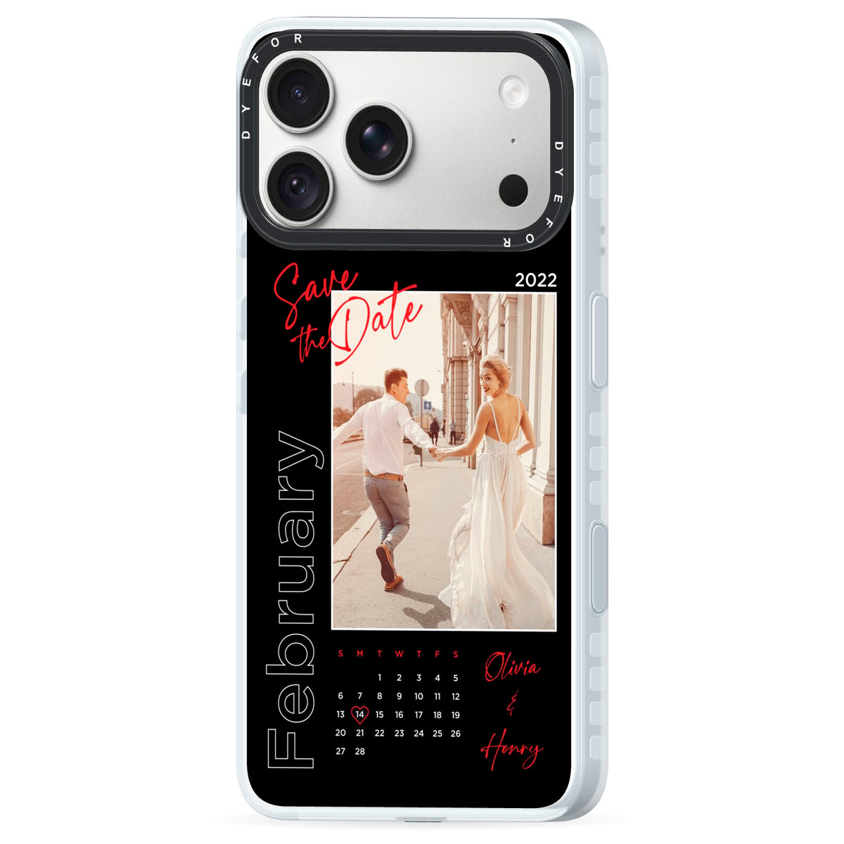 Wedding Date Personalised Photo iPhone 18 Pro Max Black Impact Pre order Case Side Angle on Silver phone
