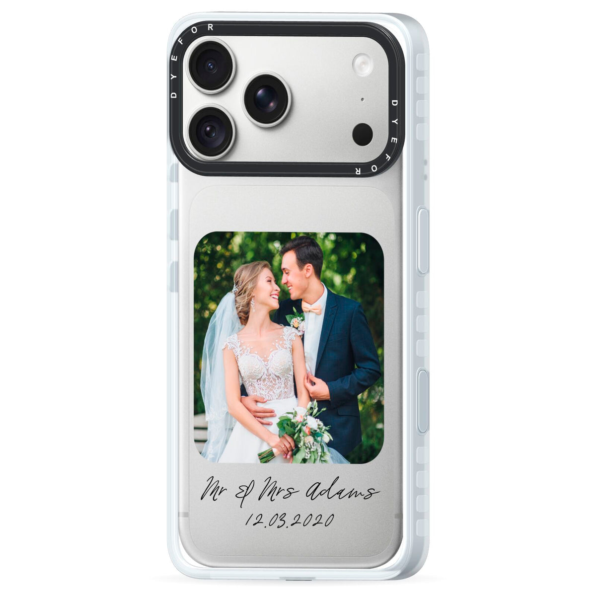 Wedding Photo Upload Keepsake with Text iPhone 18 Pro Max Black Impact Pre order Case Side Angle on Silver phone