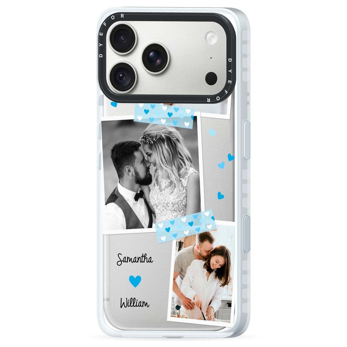 Wedding Snaps Collage with Blue Hearts and Name iPhone 18 Pro Black Impact Pre order Case Side Angle on Silver phone