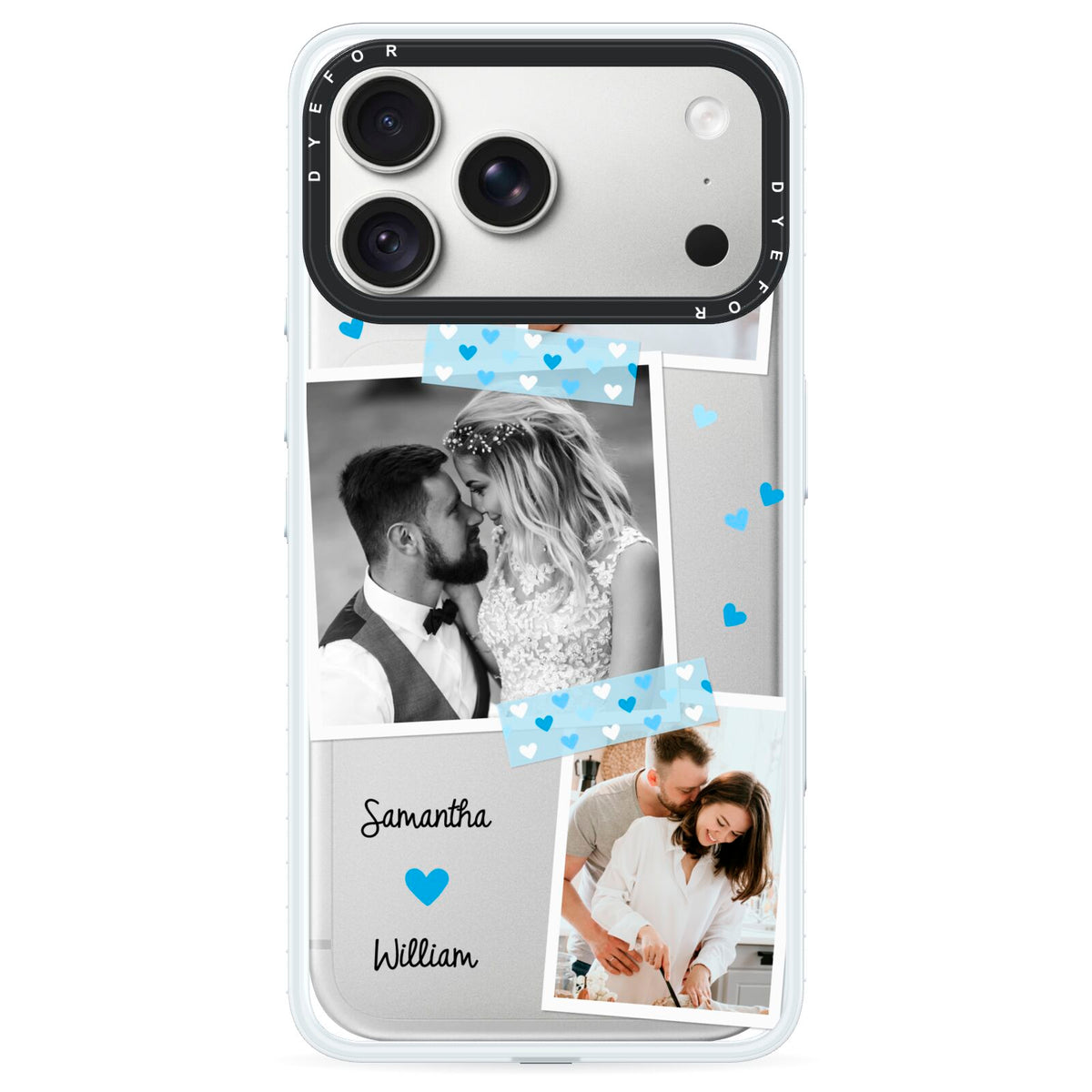 Wedding Snaps Collage with Blue Hearts and Name iPhone 18 Pro Max Black Impact Pre order Case on Silver phone