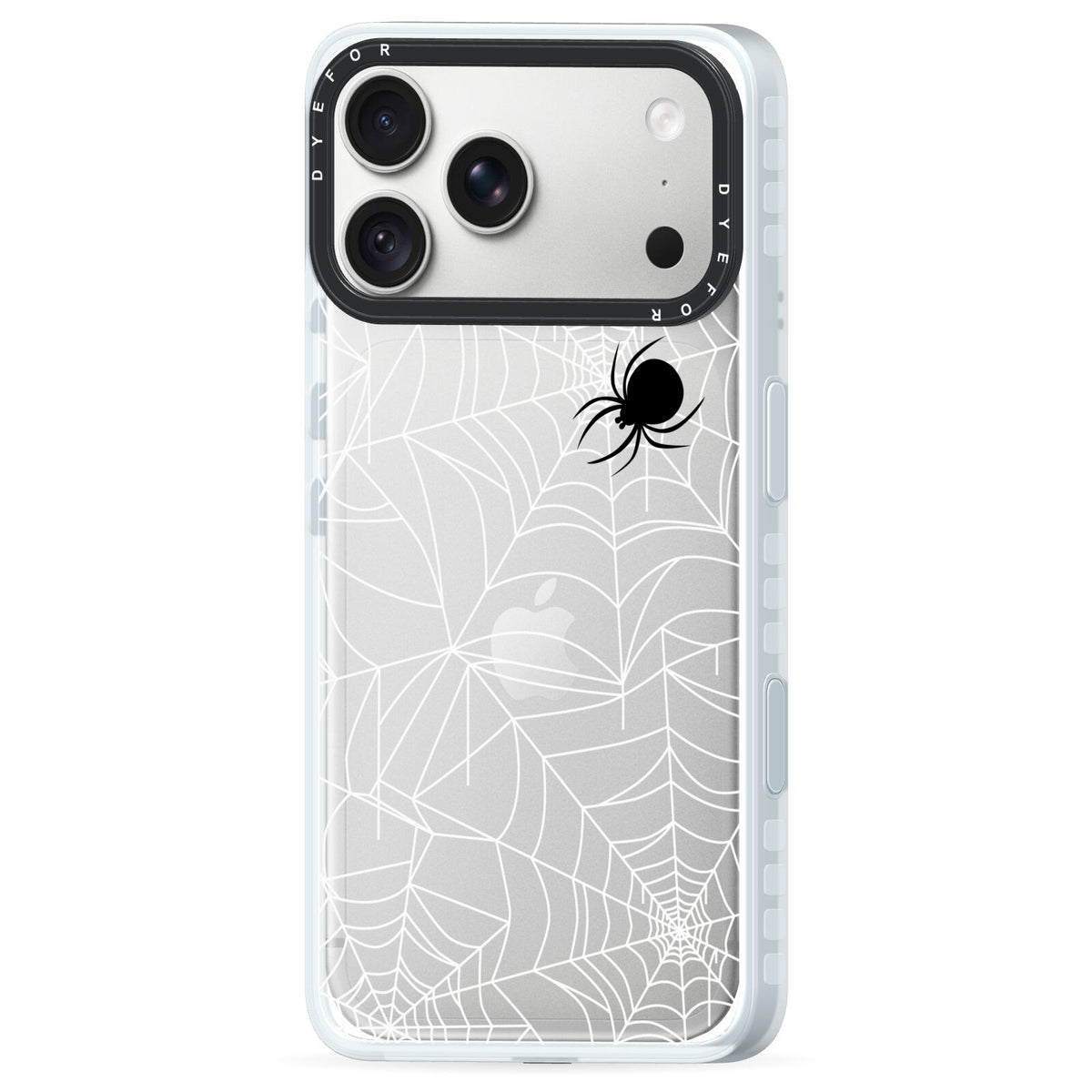 White Cobwebs with Transparent Background iPhone 18 Pro Black Impact Pre order Case Side Angle on Silver phone
