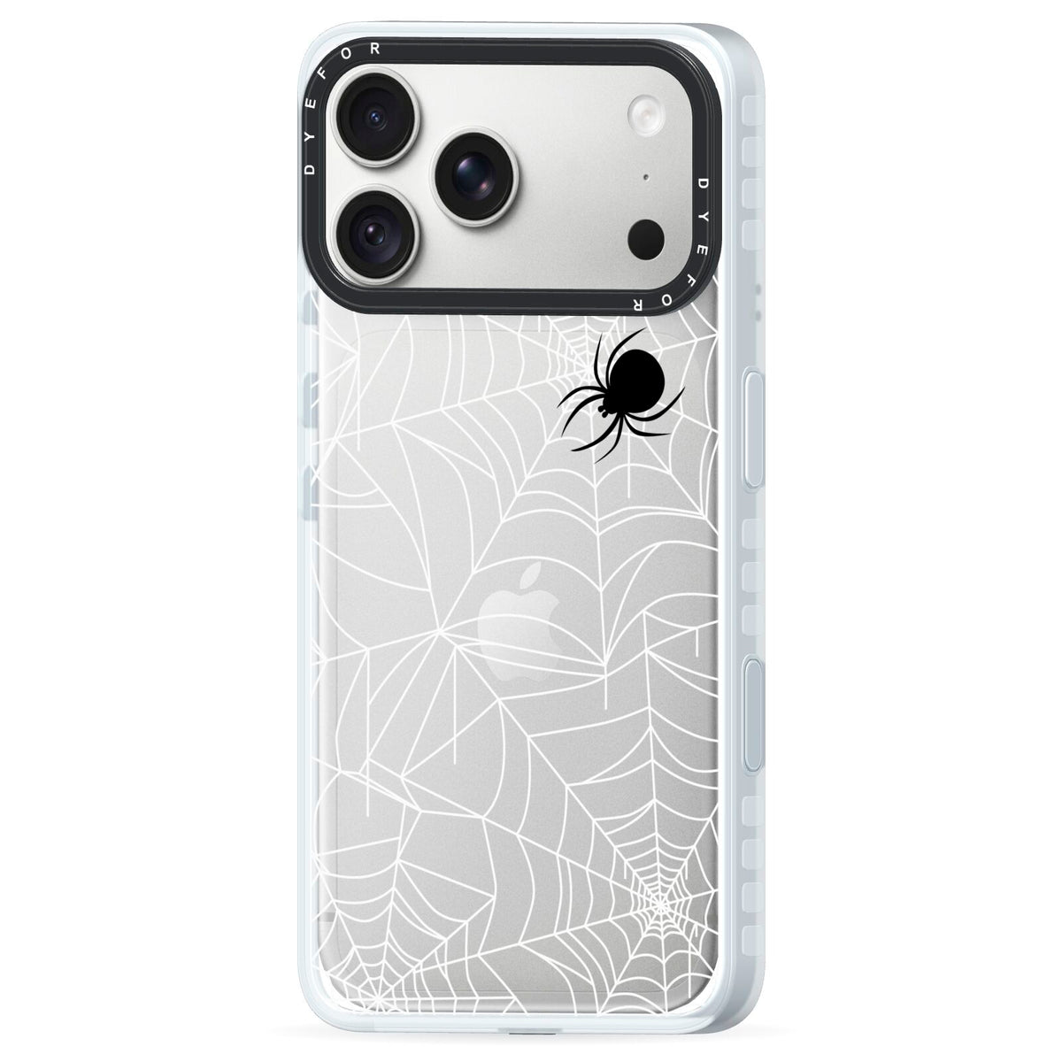 White Cobwebs with Transparent Background iPhone 18 Pro Max Black Impact Pre order Case Side Angle on Silver phone