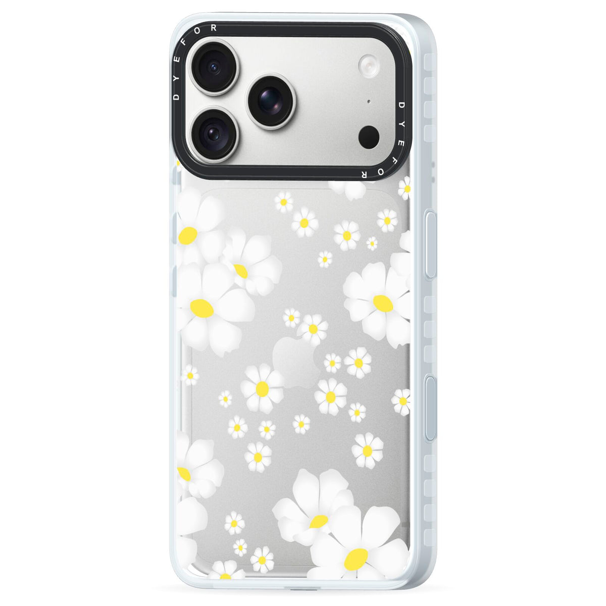 White Daisy Flower iPhone 18 Pro Black Impact Pre order Case Side Angle on Silver phone