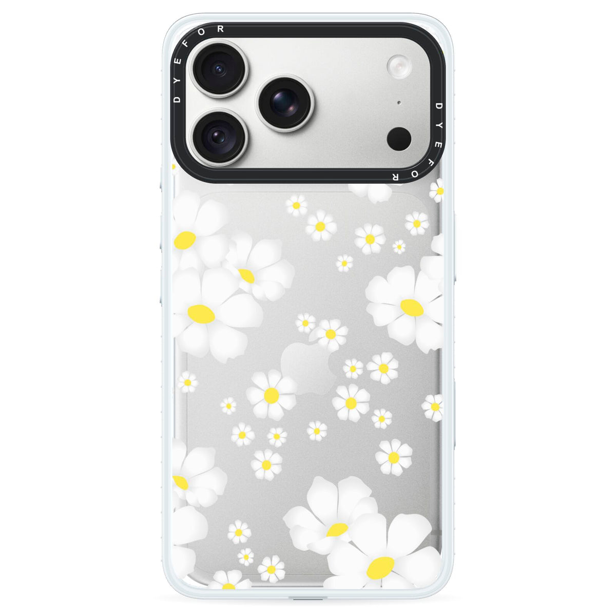 White Daisy Flower iPhone 18 Pro Black Impact Pre order Case on Silver phone