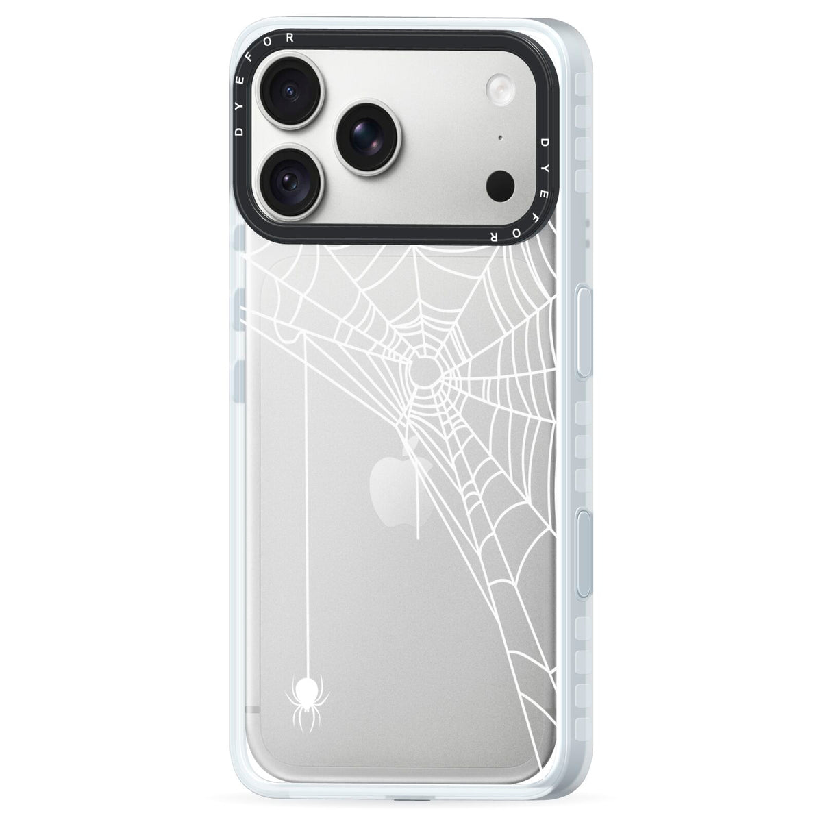 White Spiders Web with Transparent Background iPhone 18 Pro Black Impact Pre order Case Side Angle on Silver phone