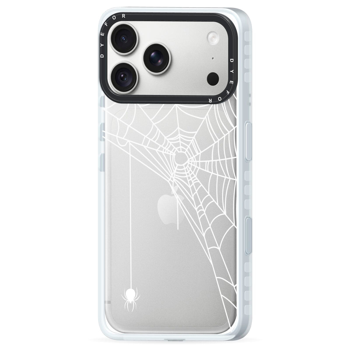 White Spiders Web with Transparent Background iPhone 18 Pro Max Black Impact Pre order Case Side Angle on Silver phone