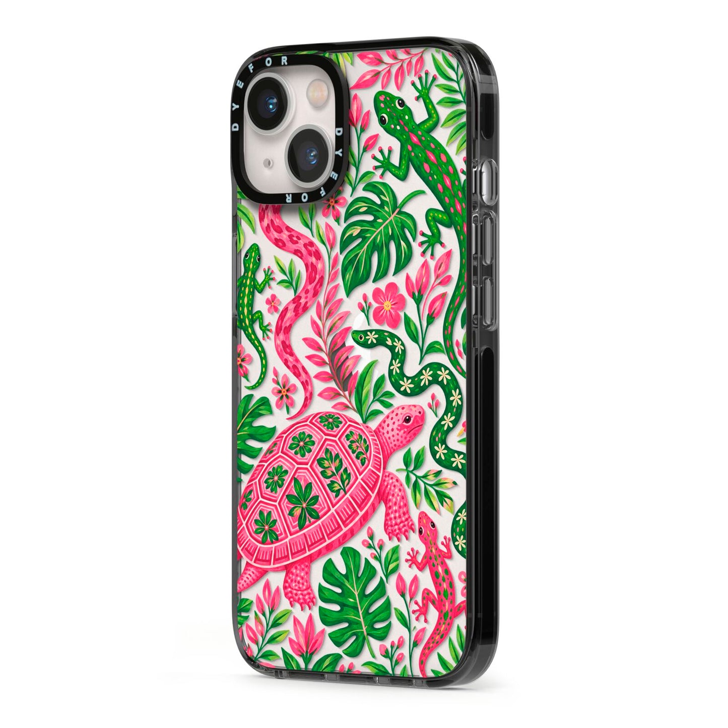 Wild Botanica iPhone 13 Black Impact Case Side Angle on Silver phone