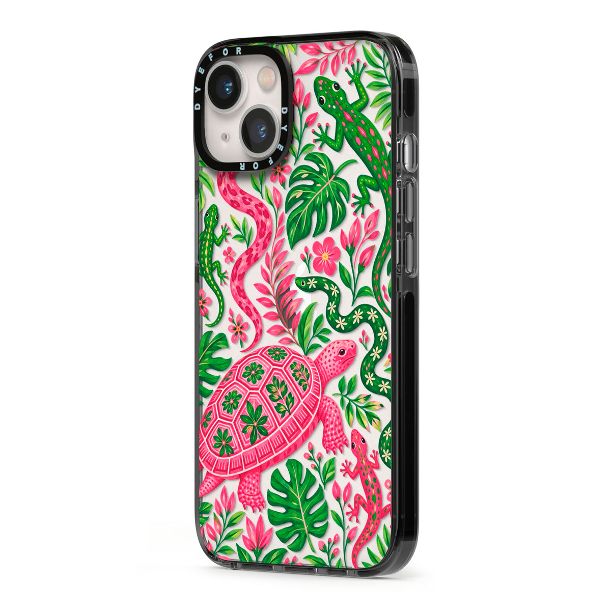 Wild Botanica iPhone 13 Black Impact Case Side Angle on Silver phone