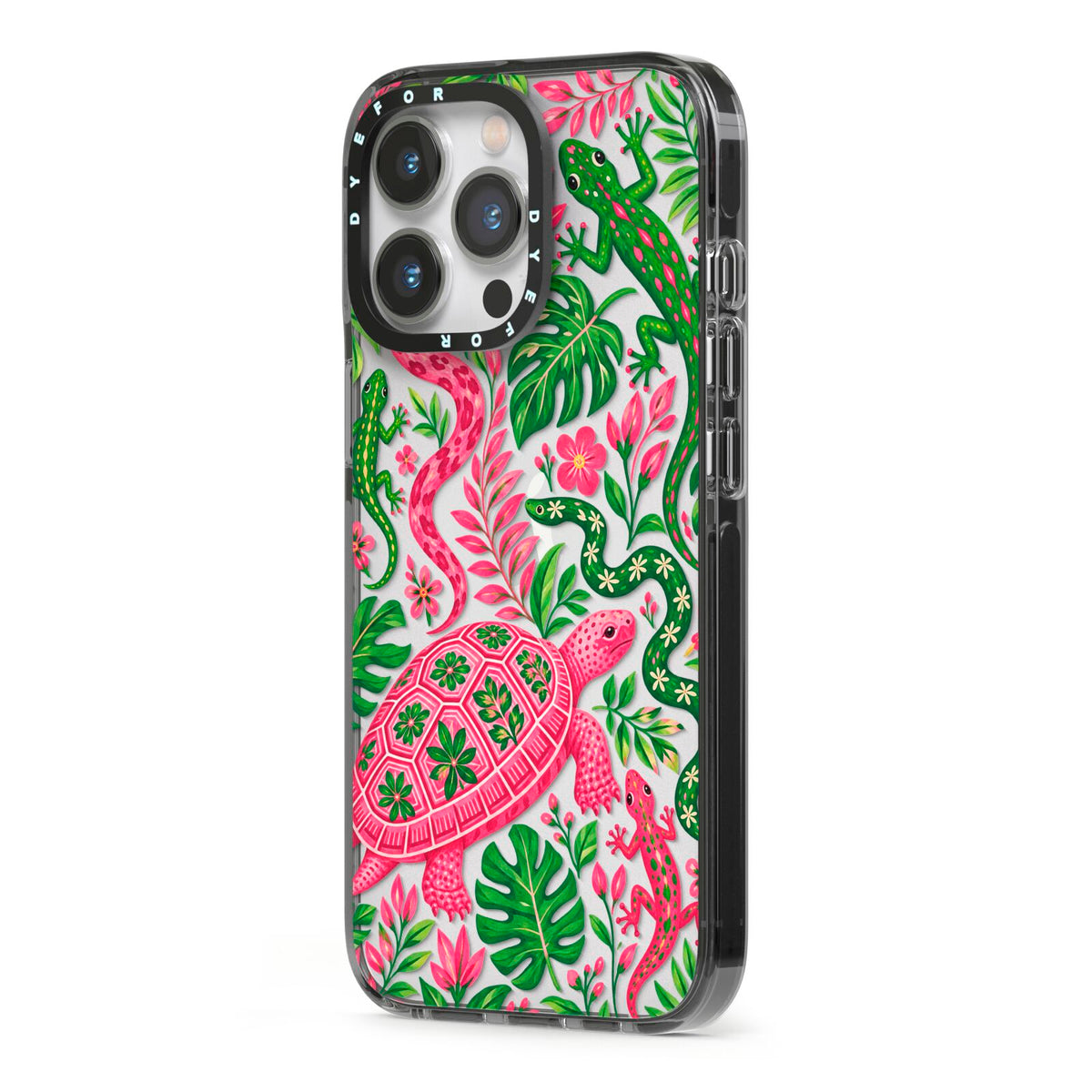 Wild Botanica iPhone 13 Pro Black Impact Case Side Angle on Silver phone