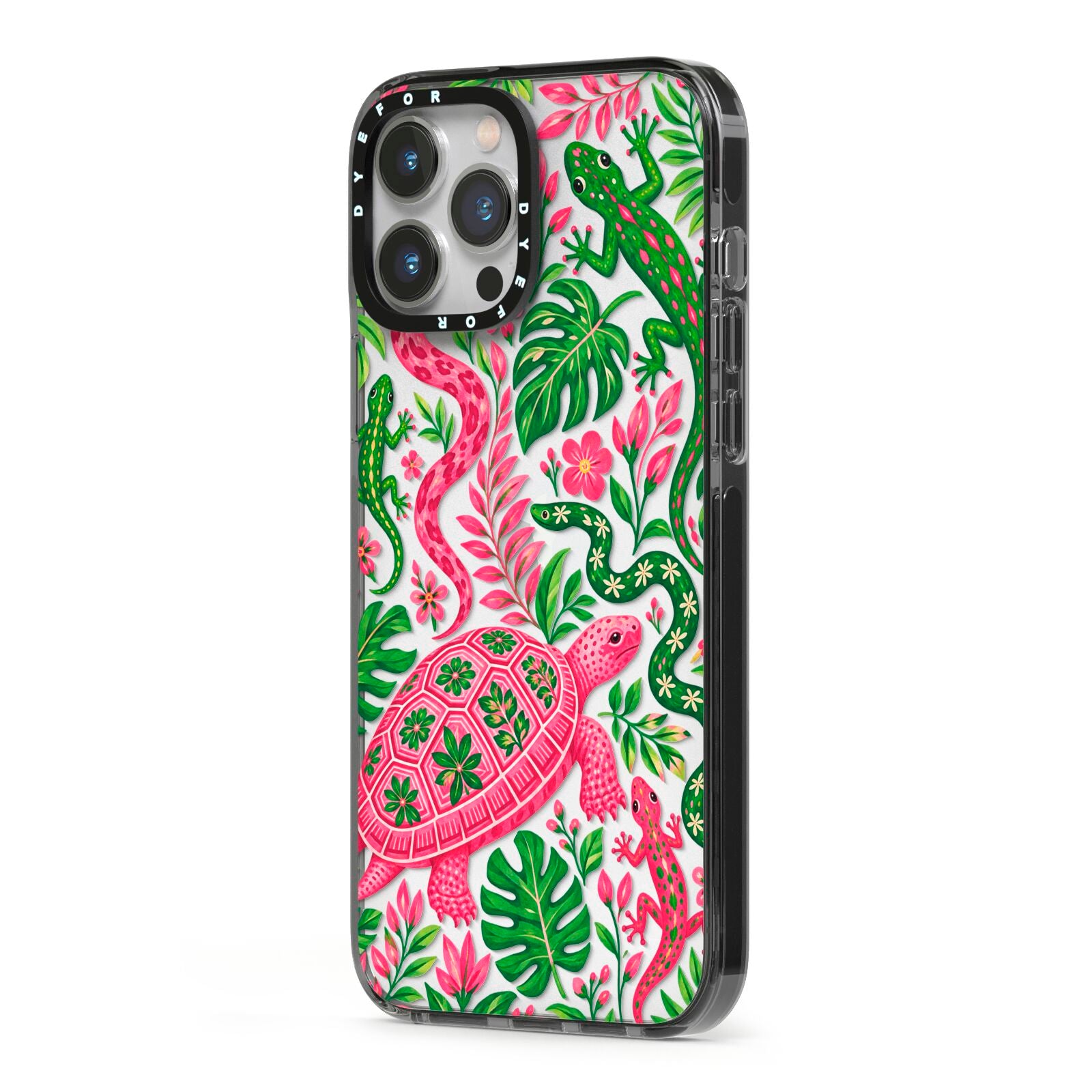 Wild Botanica iPhone 13 Pro Max Black Impact Case Side Angle on Silver phone