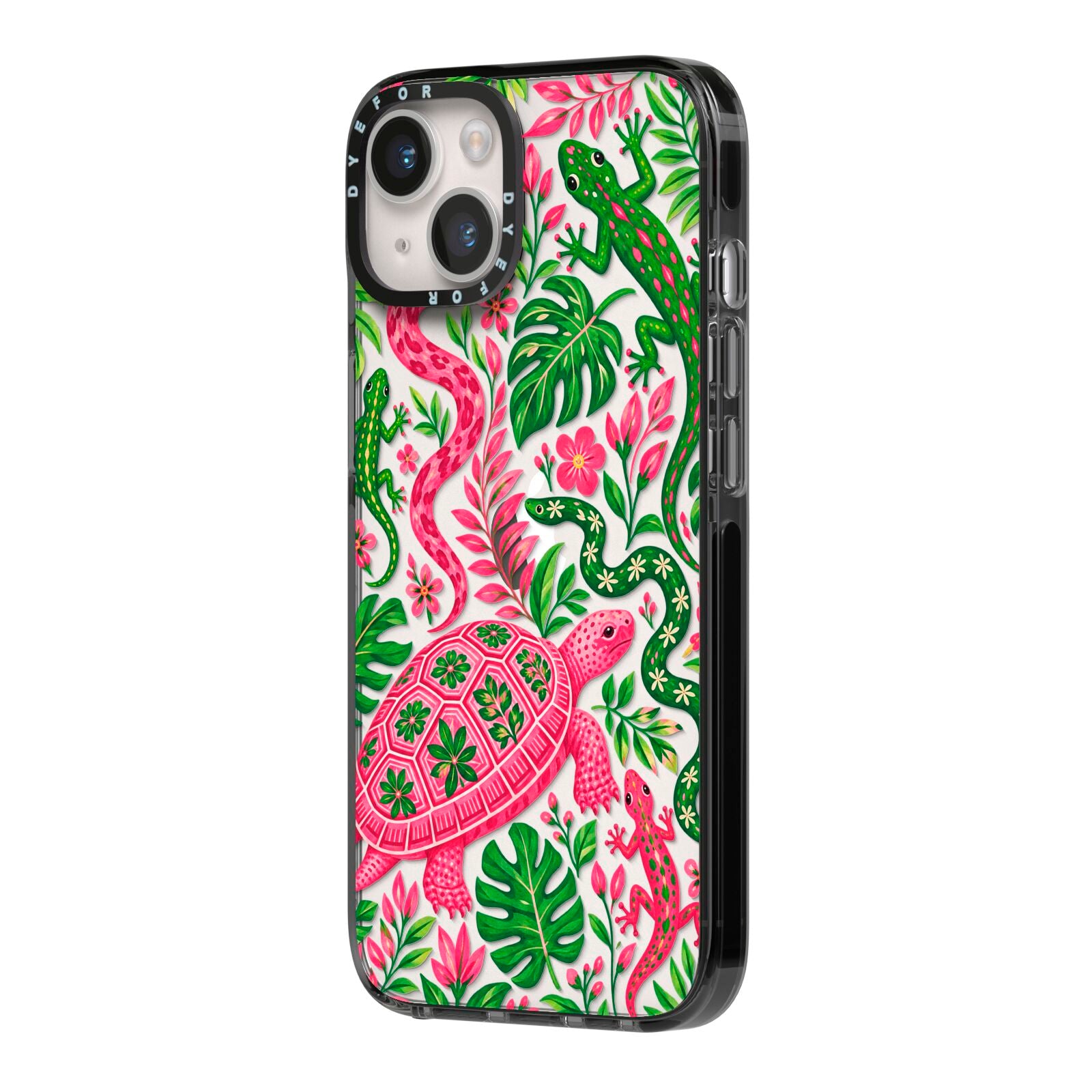 Wild Botanica iPhone 14 Black Impact Case Side Angle on Silver phone