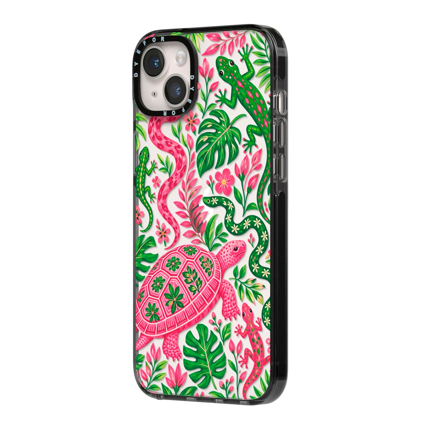Wild Botanica iPhone 14 Plus Black Impact Case Side Angle on Silver phone