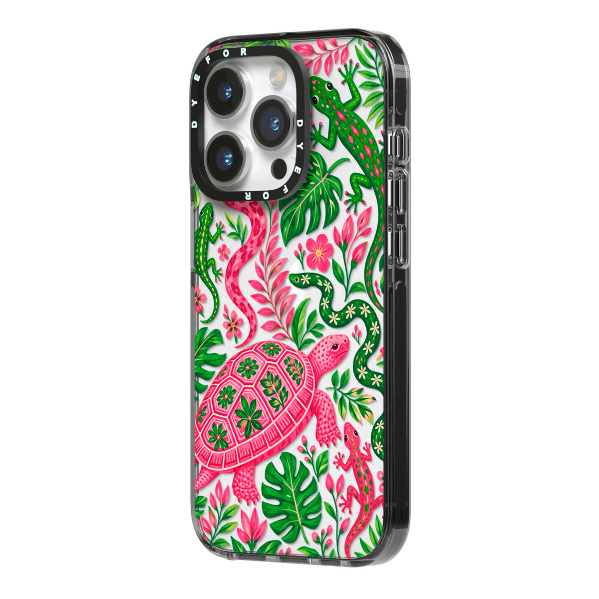 Wild Botanica iPhone 14 Pro Black Impact Case Side Angle on Silver phone