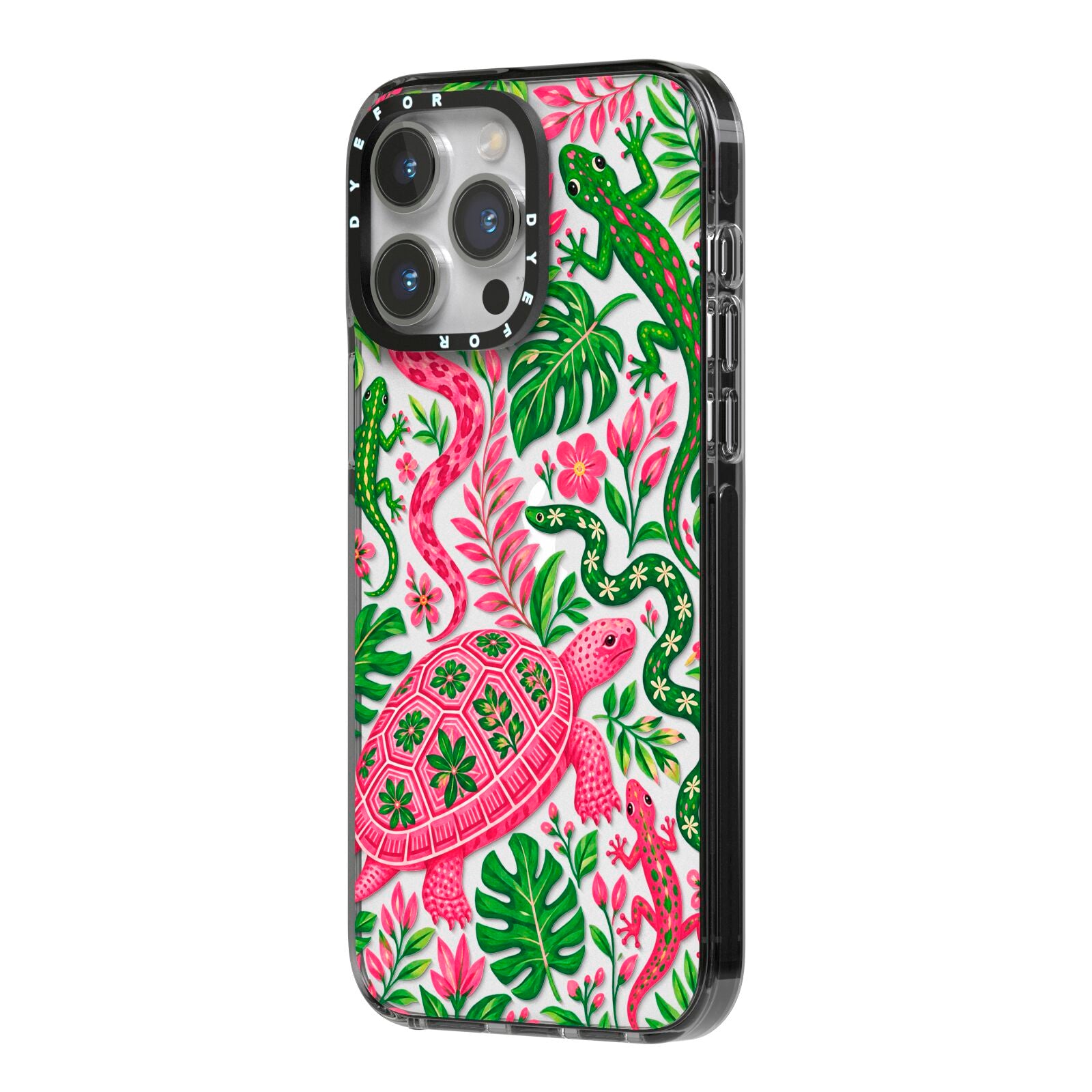 Wild Botanica iPhone 14 Pro Max Black Impact Case Side Angle on Silver phone
