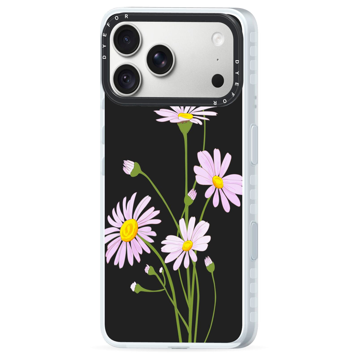 Wild Daisies iPhone 18 Pro Max Black Impact Pre order Case Side Angle on Silver phone