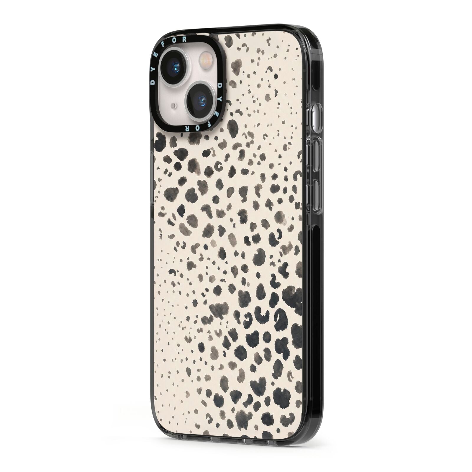 Wild Ink iPhone 13 Black Impact Case Side Angle on Silver phone