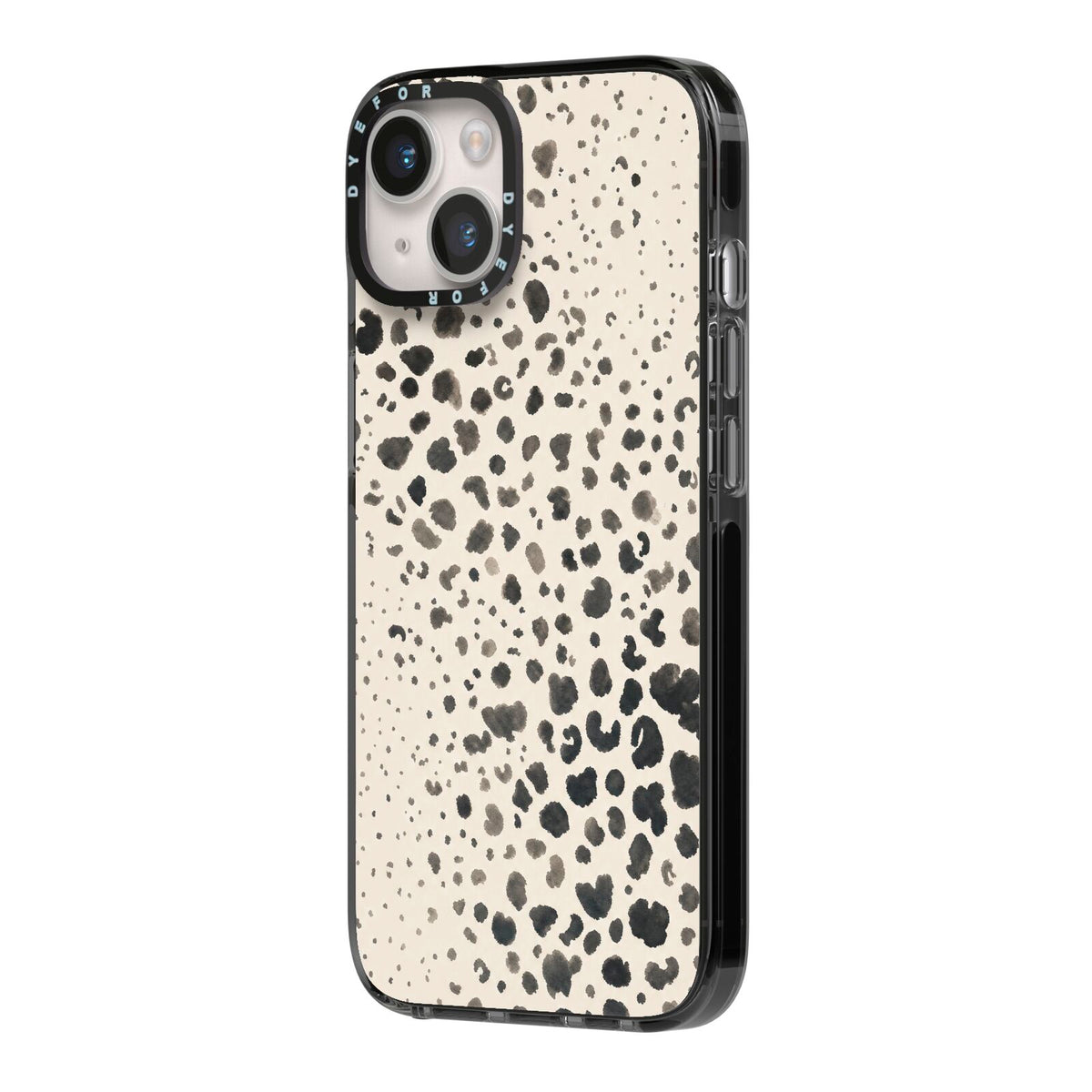 Wild Ink iPhone 14 Black Impact Case Side Angle on Silver phone