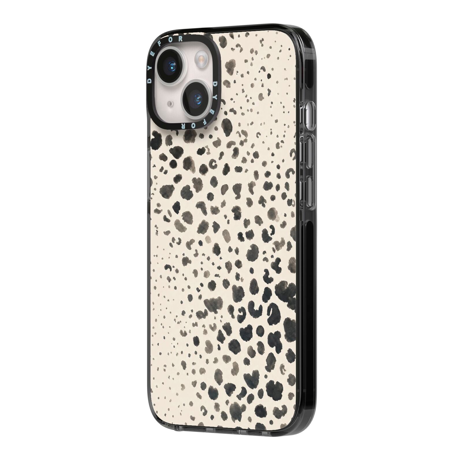Wild Ink iPhone 14 Black Impact Case Side Angle on Silver phone