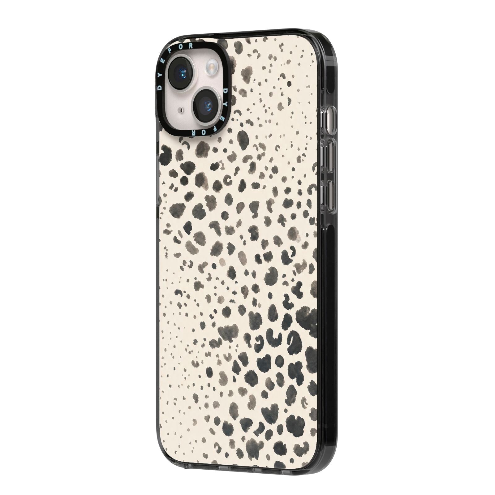 Wild Ink iPhone 14 Plus Black Impact Case Side Angle on Silver phone
