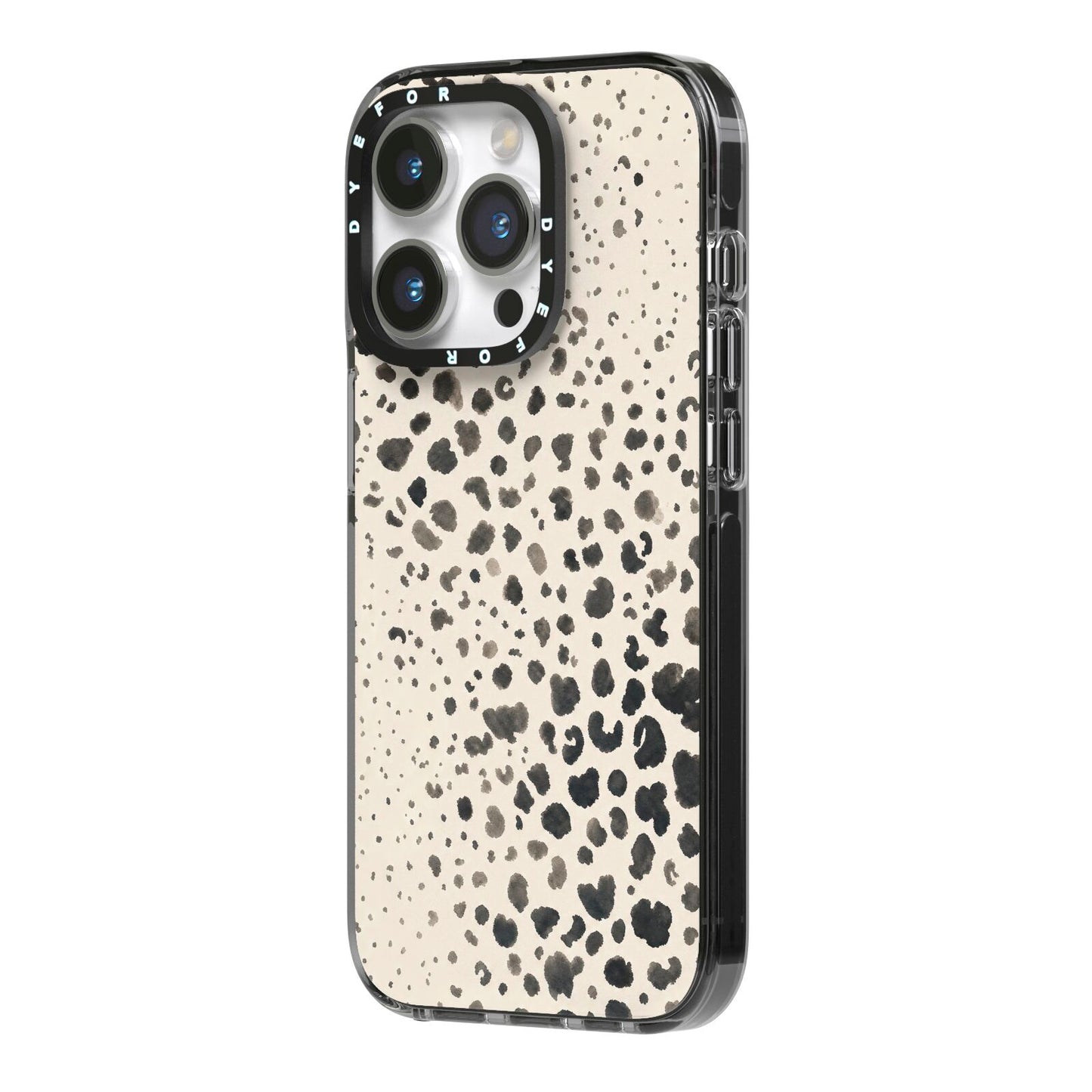 Wild Ink iPhone 14 Pro Black Impact Case Side Angle on Silver phone