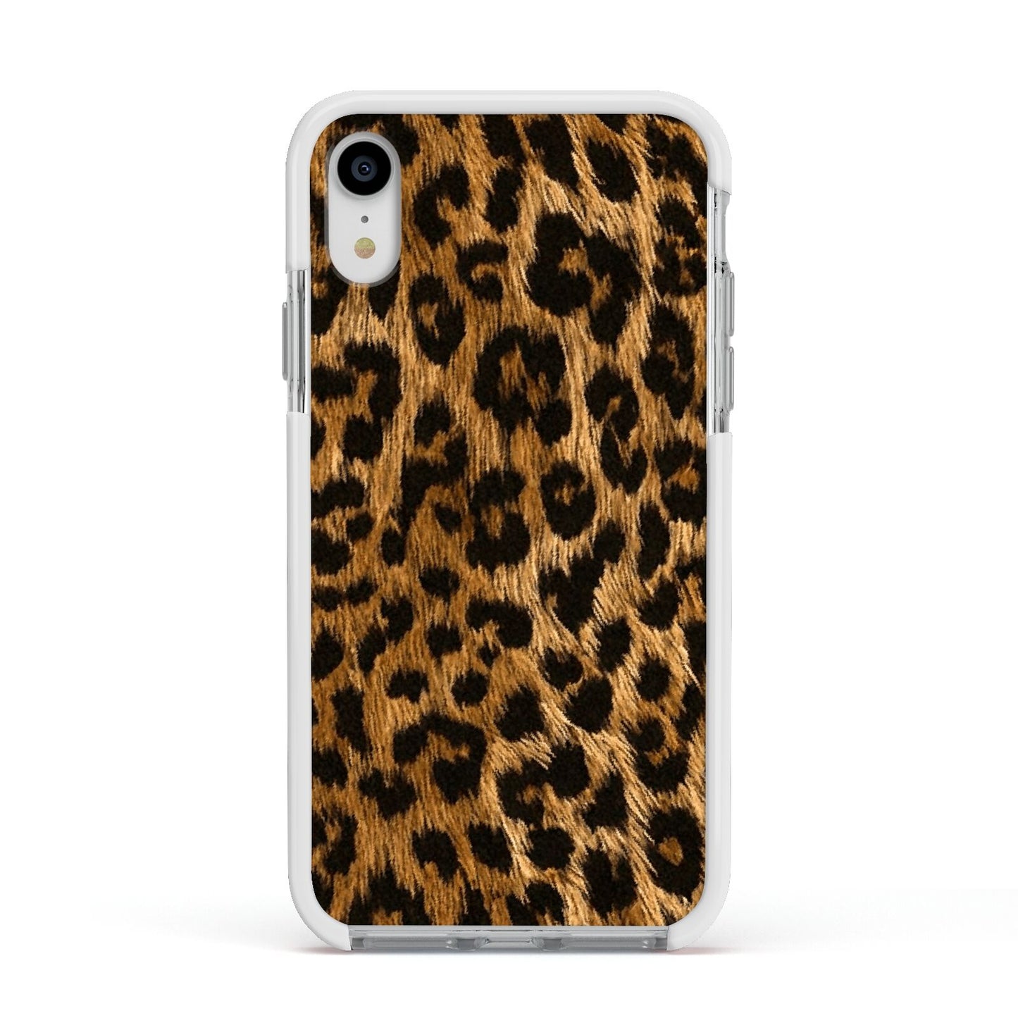 Wild Leopard Print Apple iPhone XR Impact Case White Edge on Silver Phone