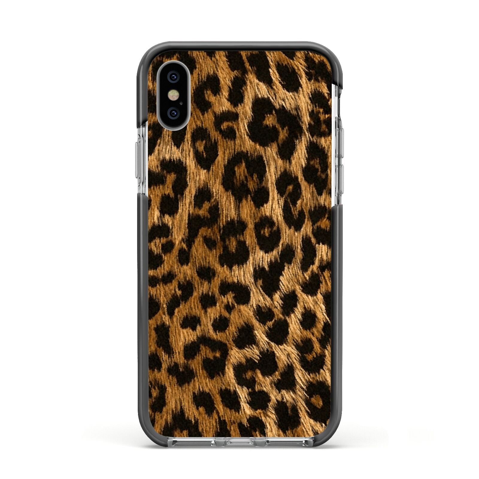 Wild Leopard Print Apple iPhone Xs Impact Case Black Edge on Silver Phone