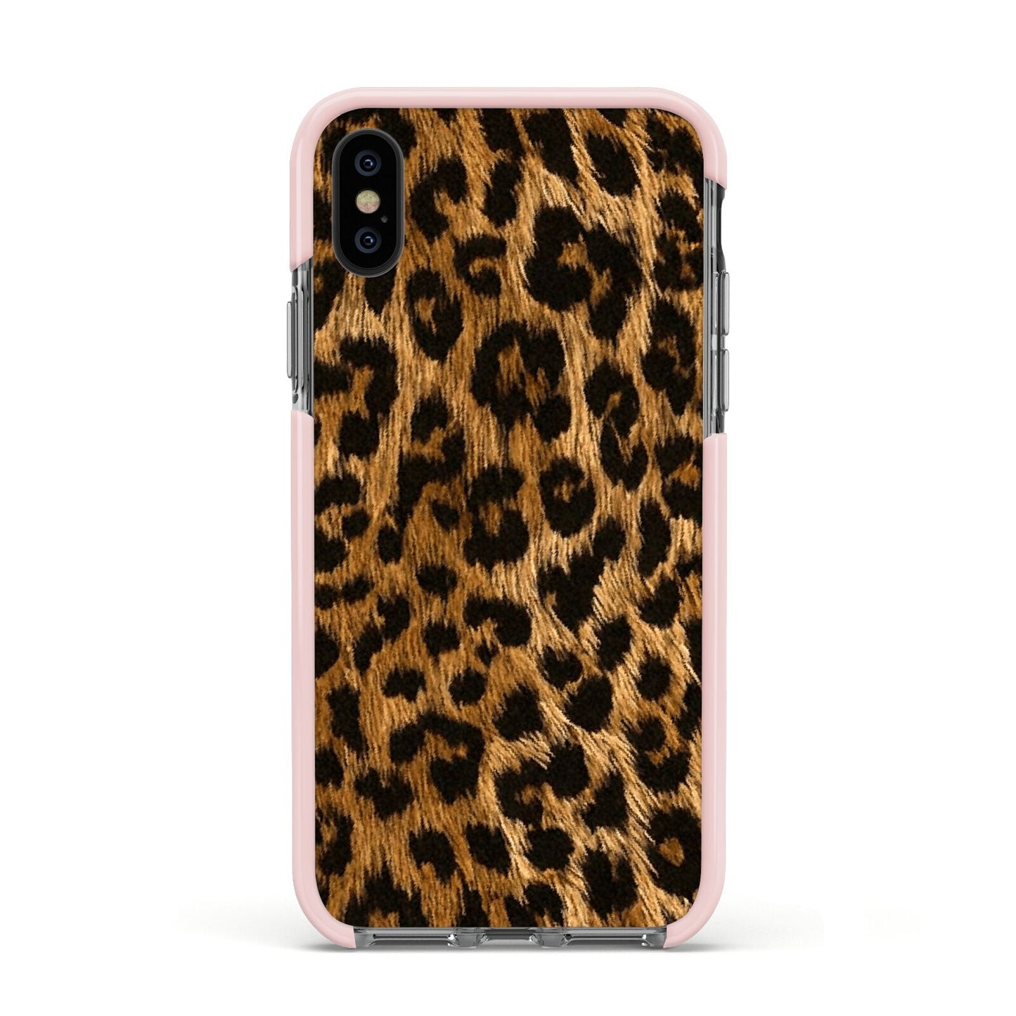 Wild Leopard Print Apple iPhone Xs Impact Case Pink Edge on Black Phone