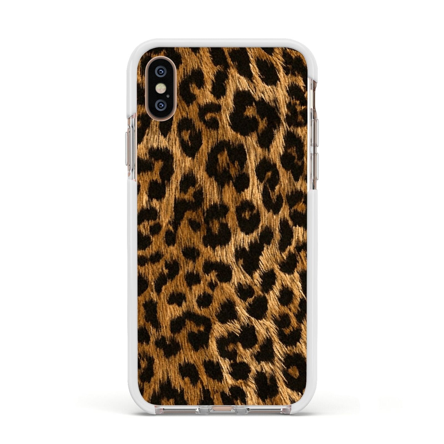 Wild Leopard Print Apple iPhone Xs Impact Case White Edge on Gold Phone