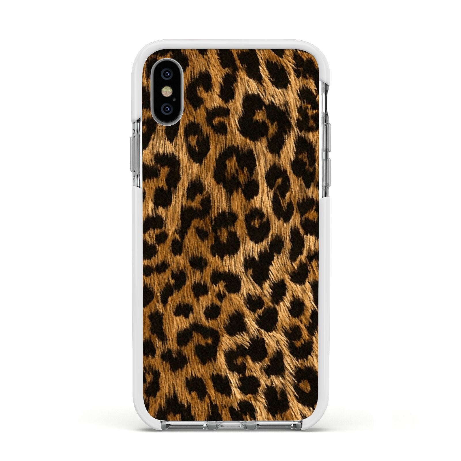 Wild Leopard Print Apple iPhone Xs Impact Case White Edge on Silver Phone