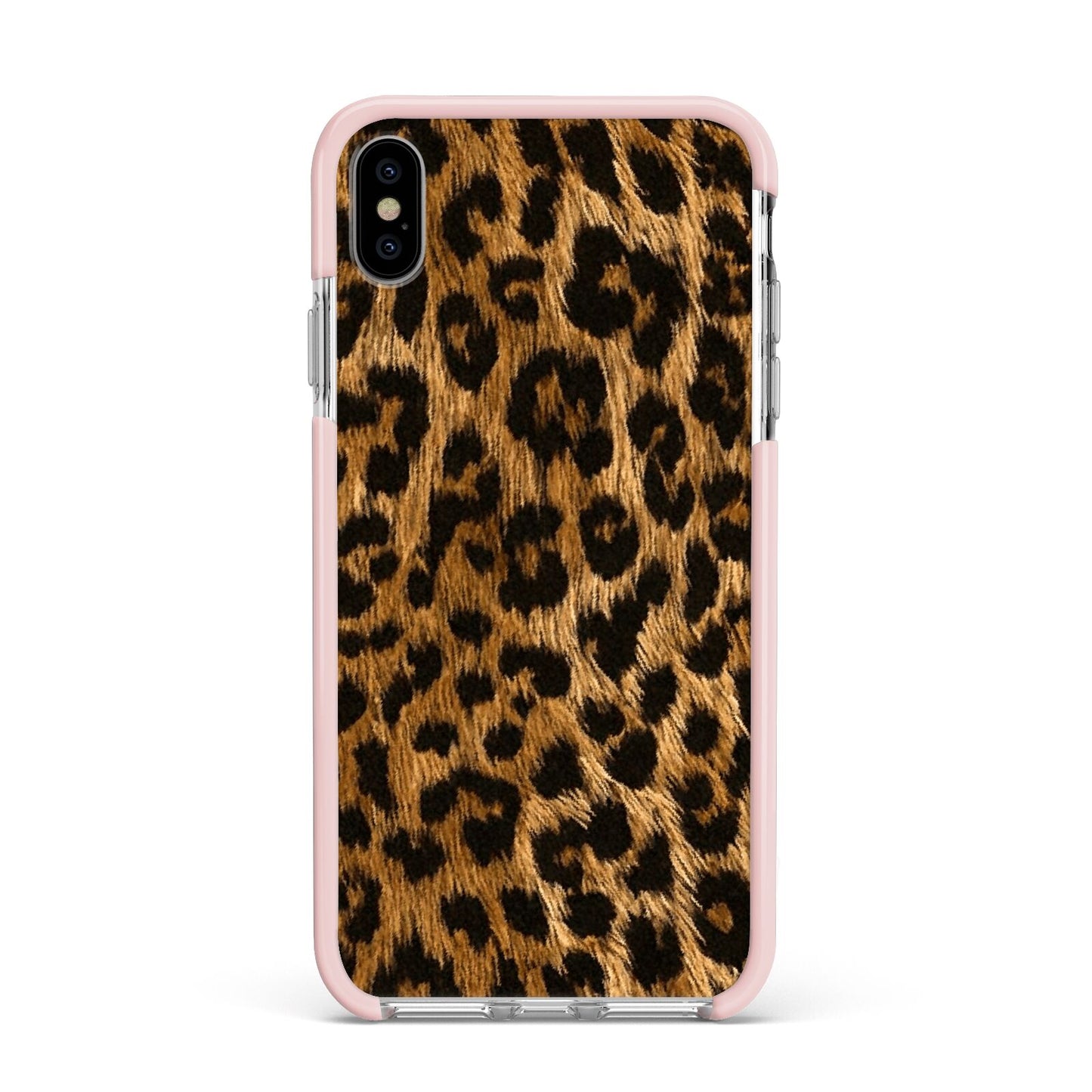 Wild Leopard Print Apple iPhone Xs Max Impact Case Pink Edge on Silver Phone