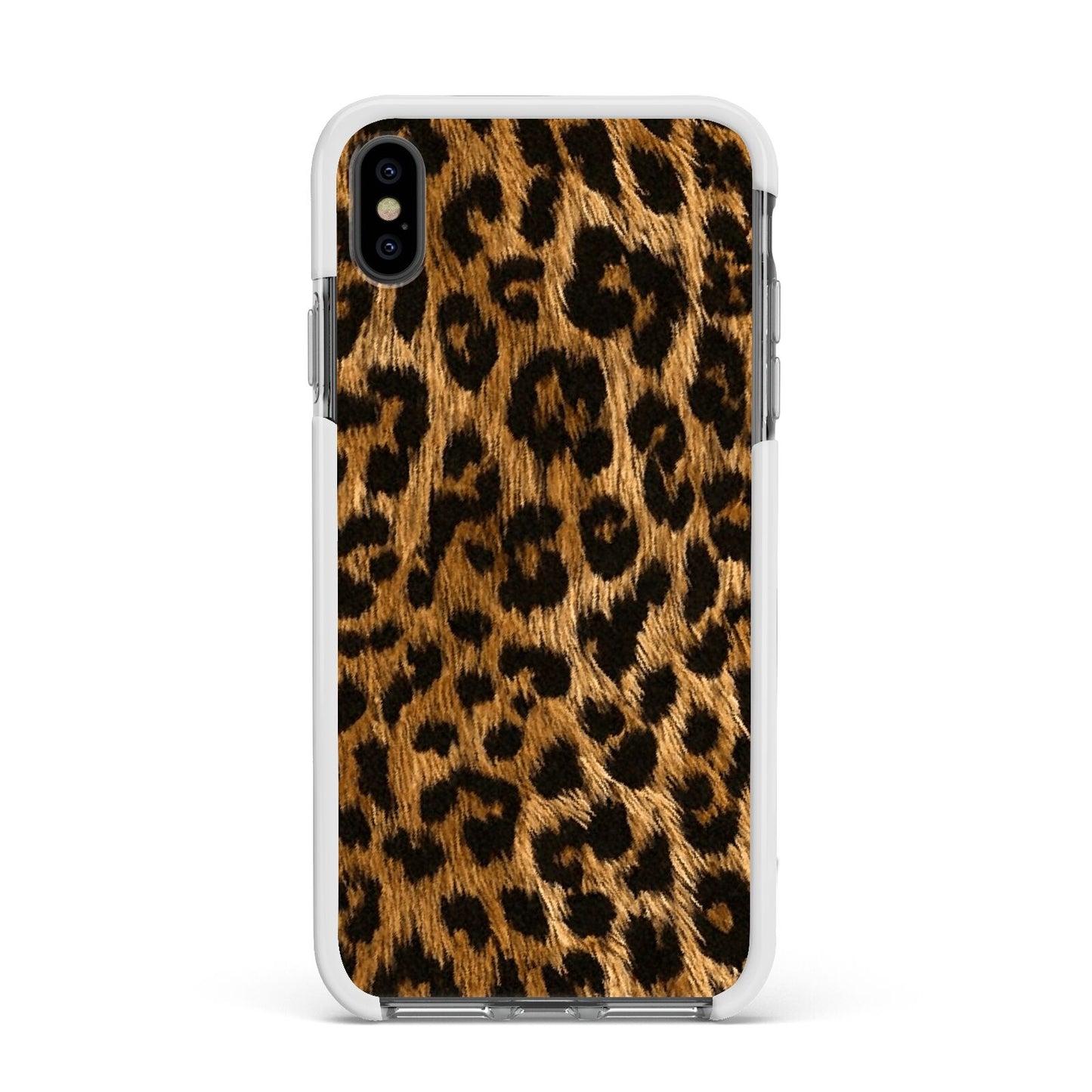 Wild Leopard Print Apple iPhone Xs Max Impact Case White Edge on Black Phone