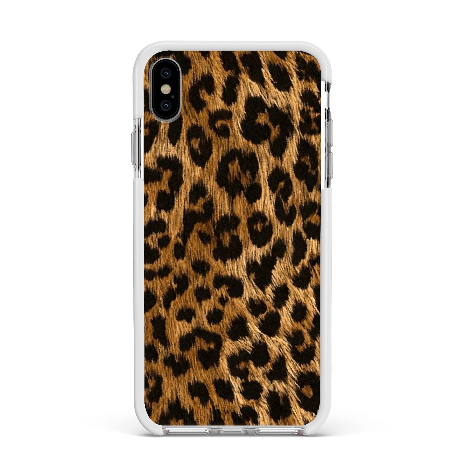 Wild Leopard Print Apple iPhone Xs Max Impact Case White Edge on Silver Phone