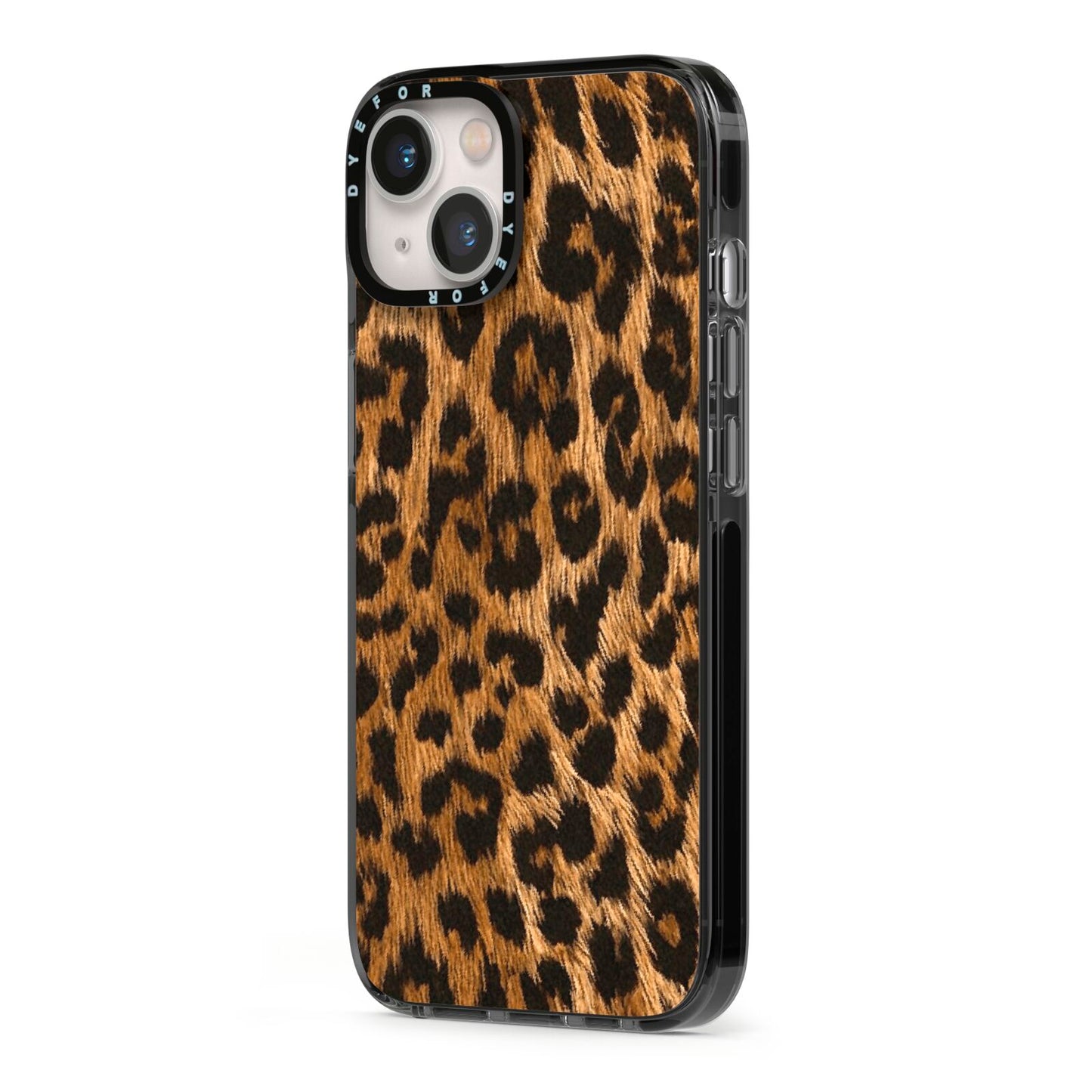 Wild Leopard Print iPhone 13 Black Impact Case Side Angle on Silver phone