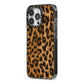 Wild Leopard Print iPhone 13 Pro Black Impact Case Side Angle on Silver phone