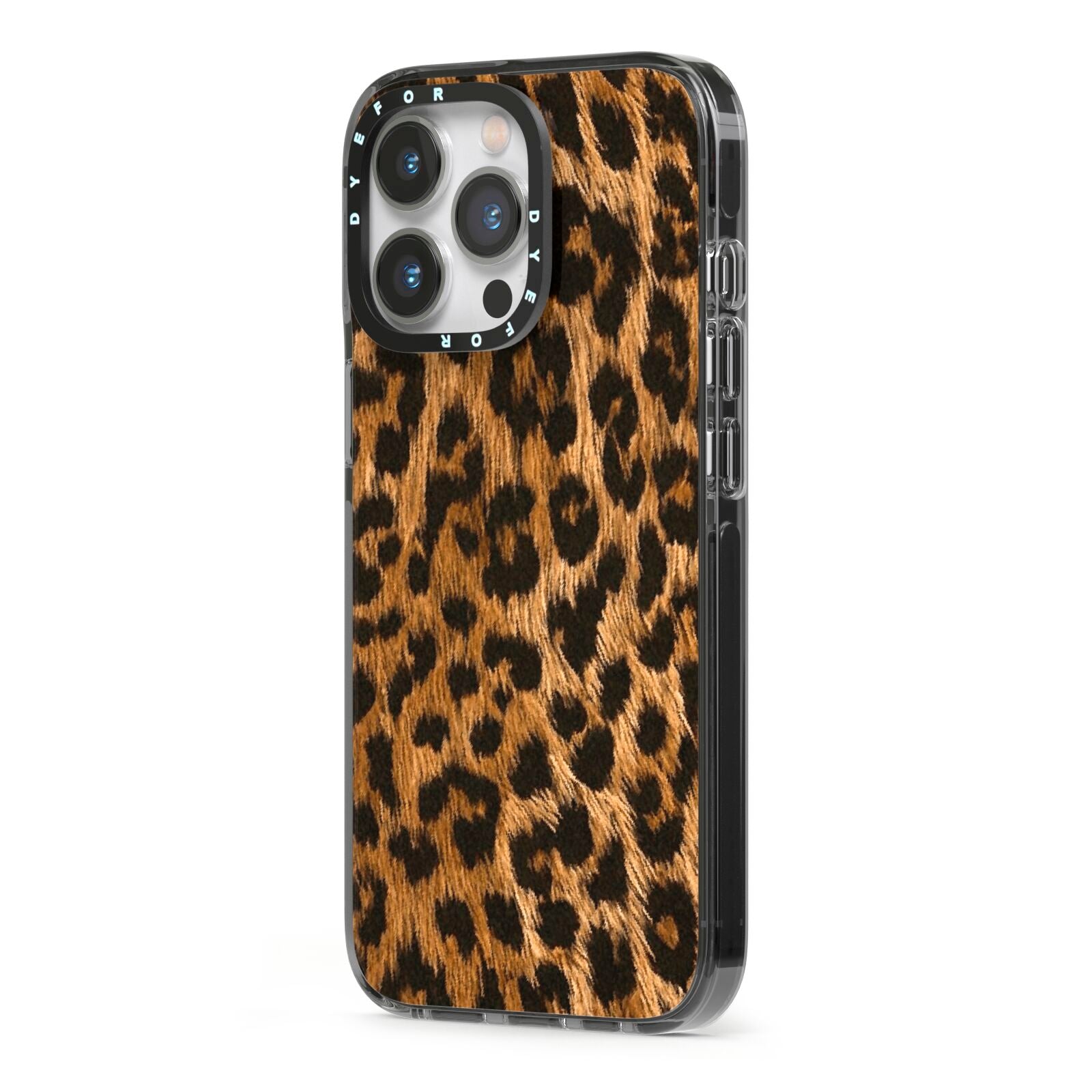 Wild Leopard Print iPhone 13 Pro Black Impact Case Side Angle on Silver phone