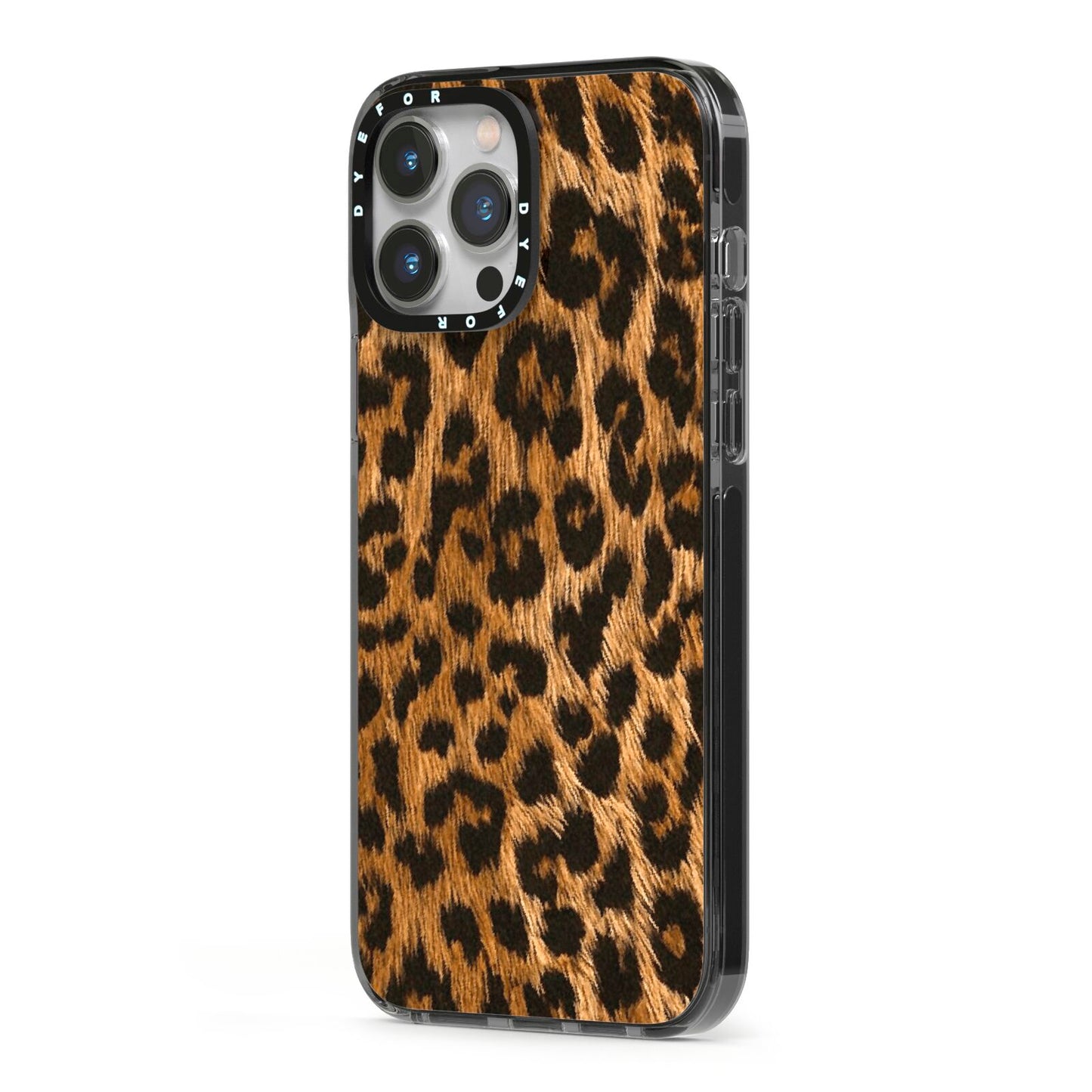 Wild Leopard Print iPhone 13 Pro Max Black Impact Case Side Angle on Silver phone