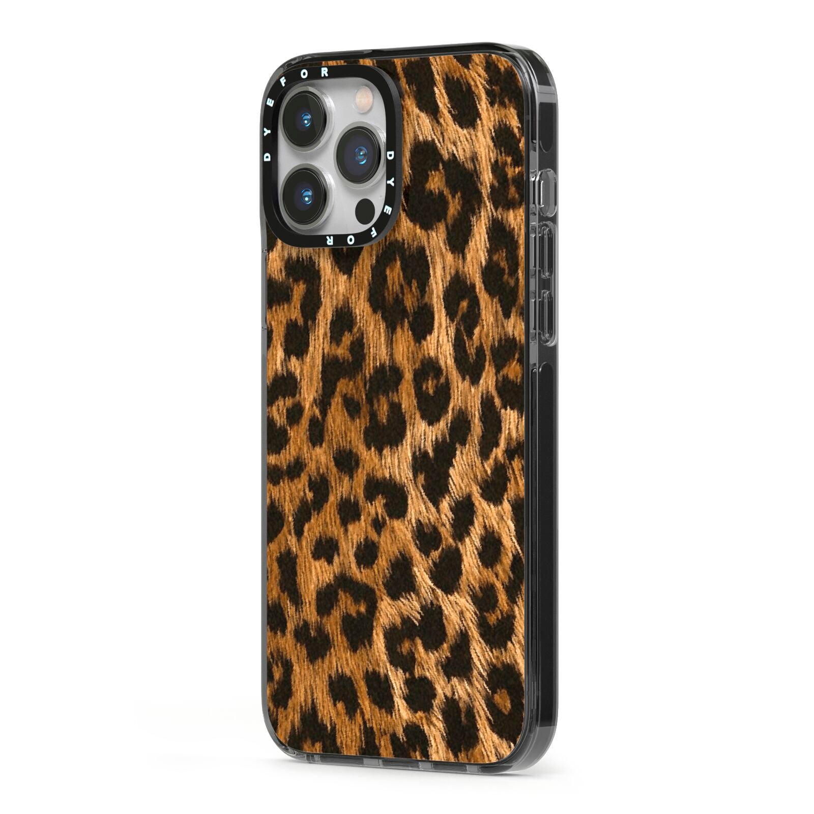 Wild Leopard Print iPhone 13 Pro Max Black Impact Case Side Angle on Silver phone