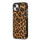 Wild Leopard Print iPhone 14 Plus Black Impact Case Side Angle on Silver phone