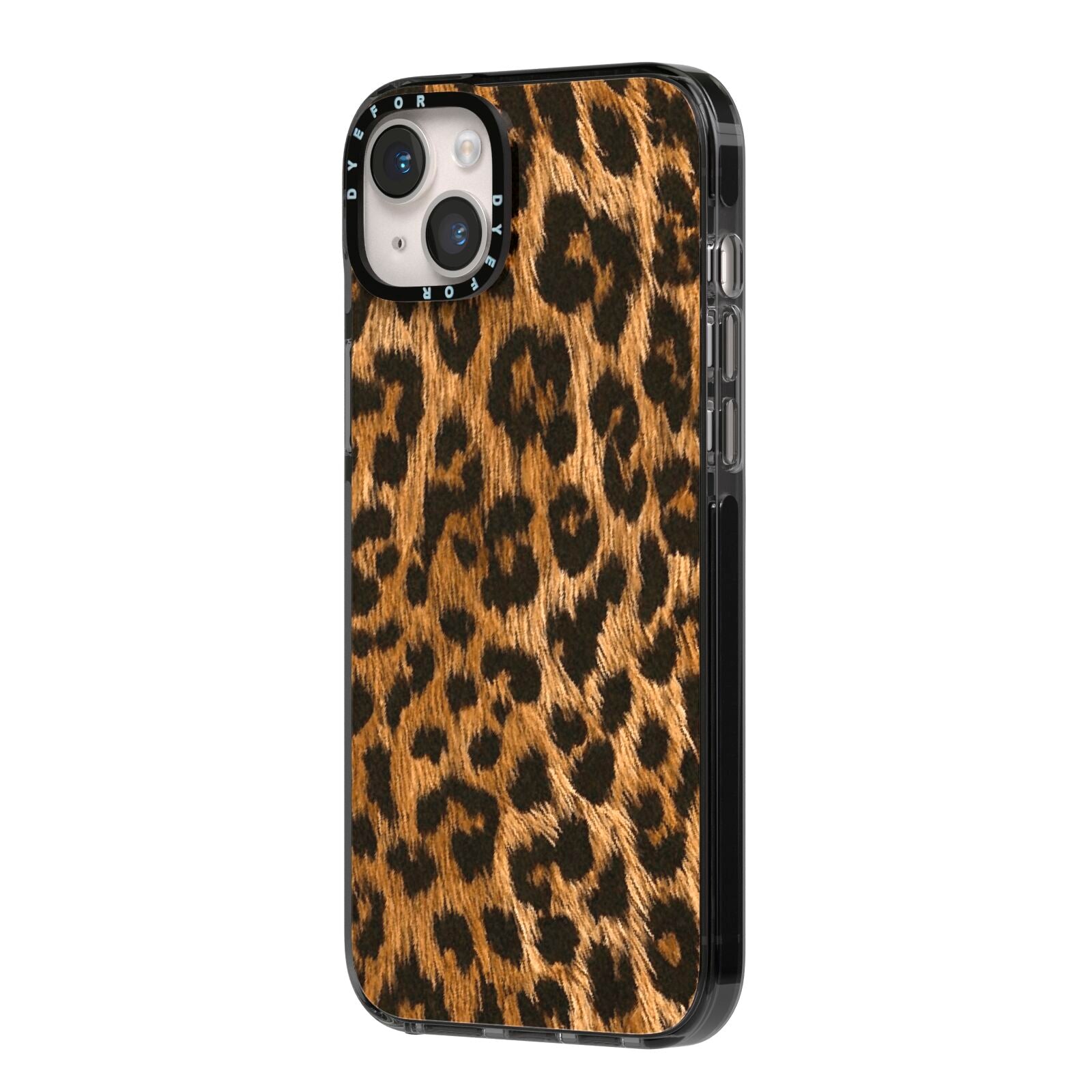 Wild Leopard Print iPhone 14 Plus Black Impact Case Side Angle on Silver phone