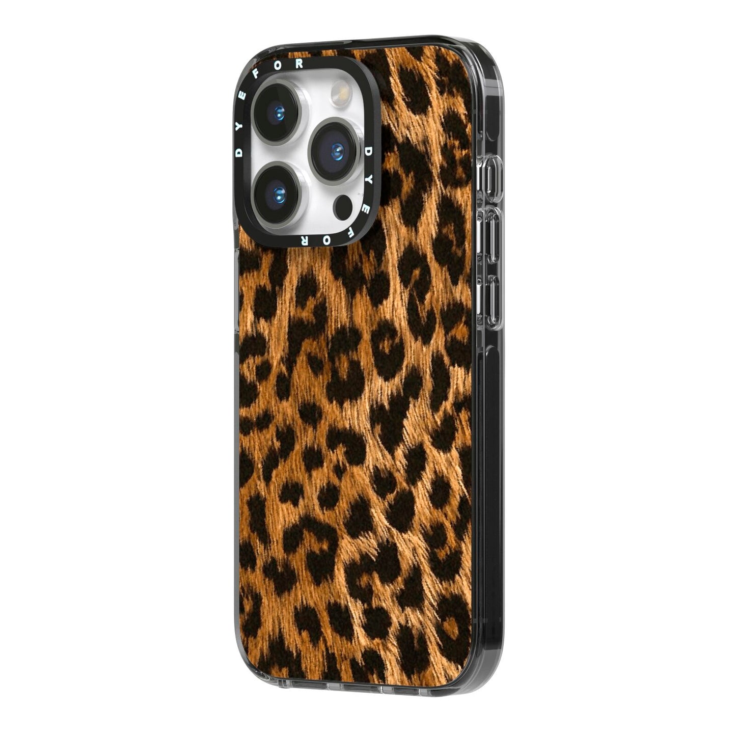 Wild Leopard Print iPhone 14 Pro Black Impact Case Side Angle on Silver phone