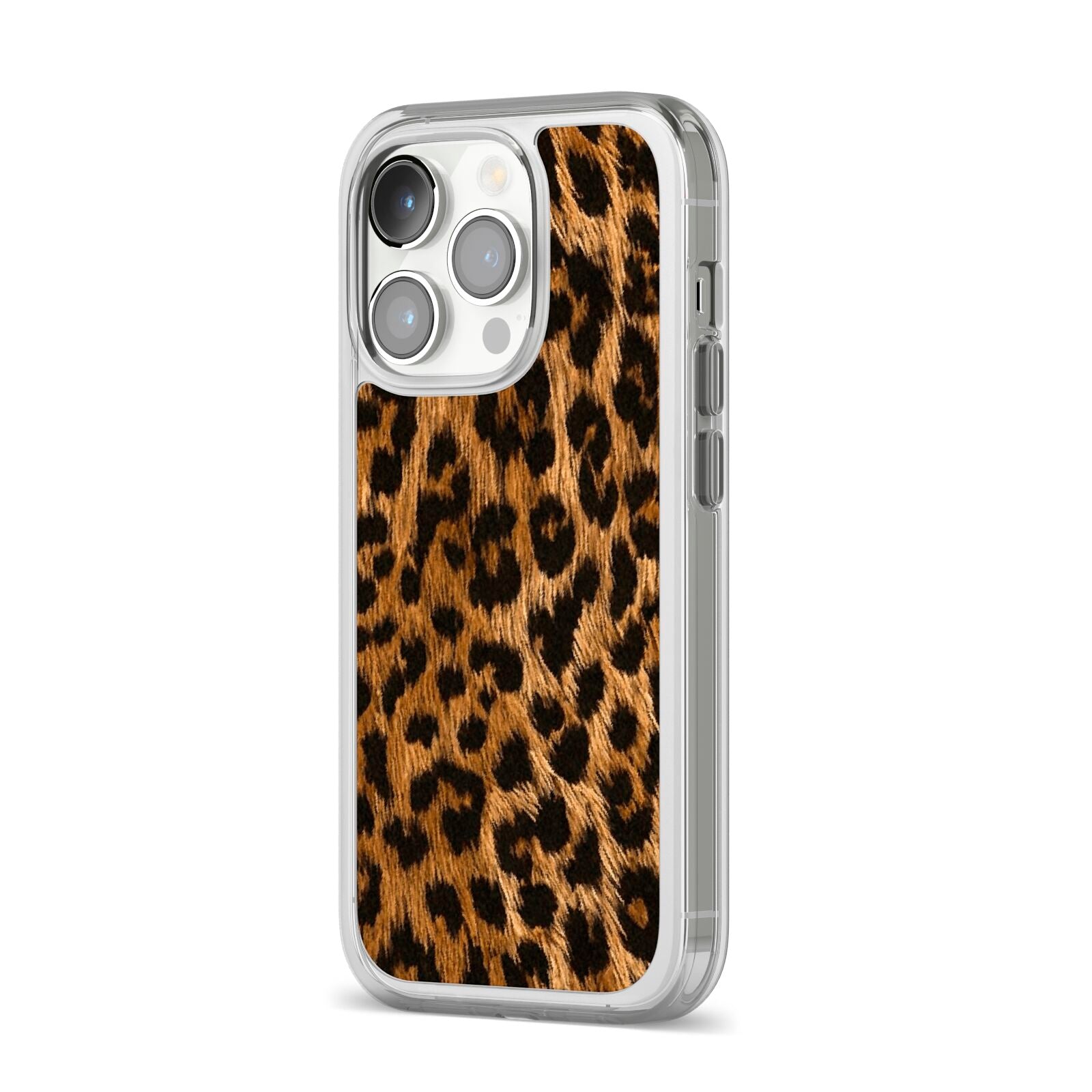 Wild Leopard Print iPhone 14 Pro Clear Tough Case Silver Angled Image