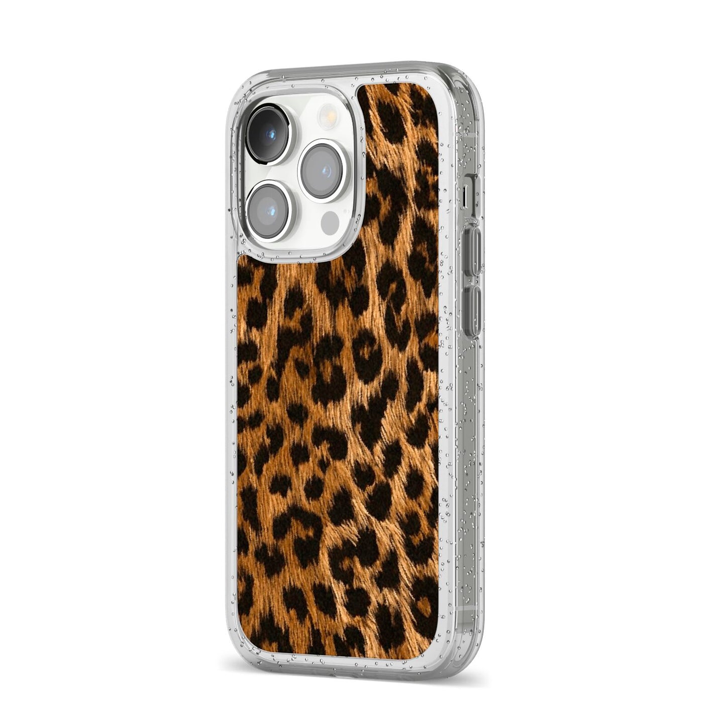 Wild Leopard Print iPhone 14 Pro Glitter Tough Case Silver Angled Image
