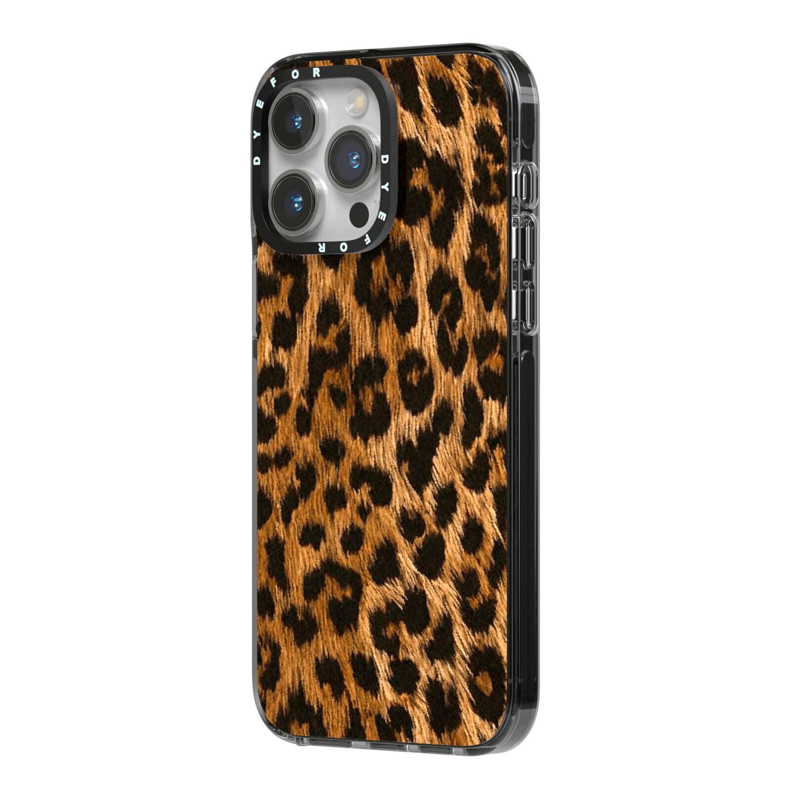 Wild Leopard Print iPhone 14 Pro Max Black Impact Case Side Angle on Silver phone