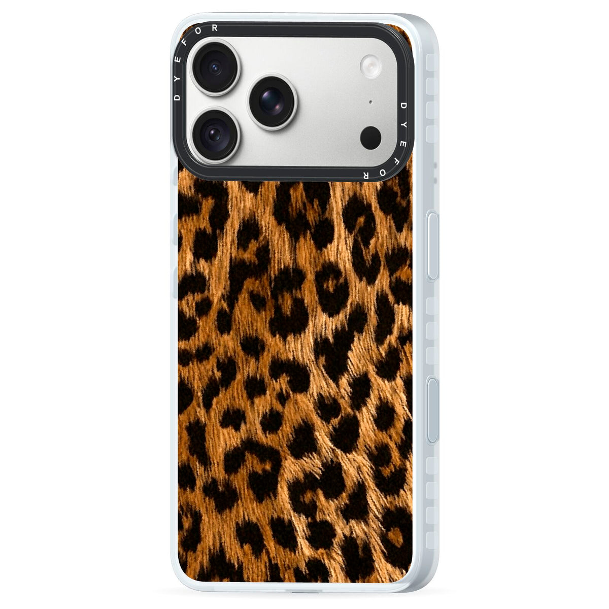 Wild Leopard Print iPhone 18 Pro Black Impact Pre order Case Side Angle on Silver phone