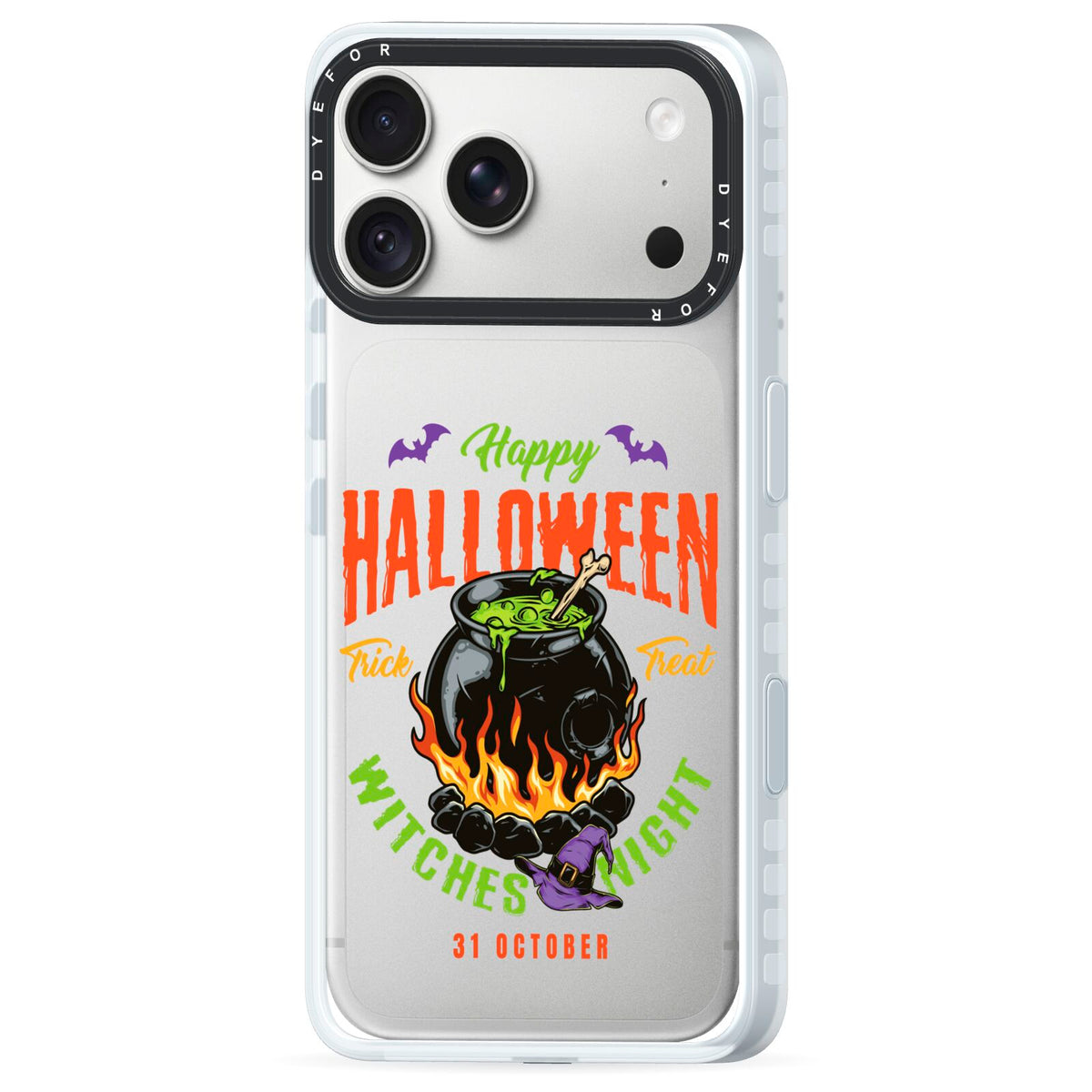 Witch Cauldron iPhone 18 Pro Black Impact Pre order Case Side Angle on Silver phone