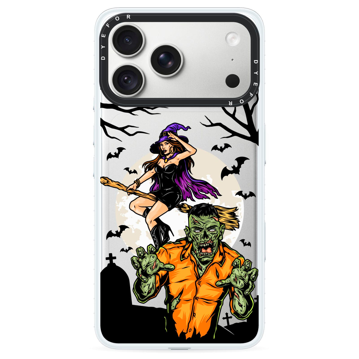 Witch Meets Zombie iPhone 18 Pro Black Impact Pre order Case on Silver phone