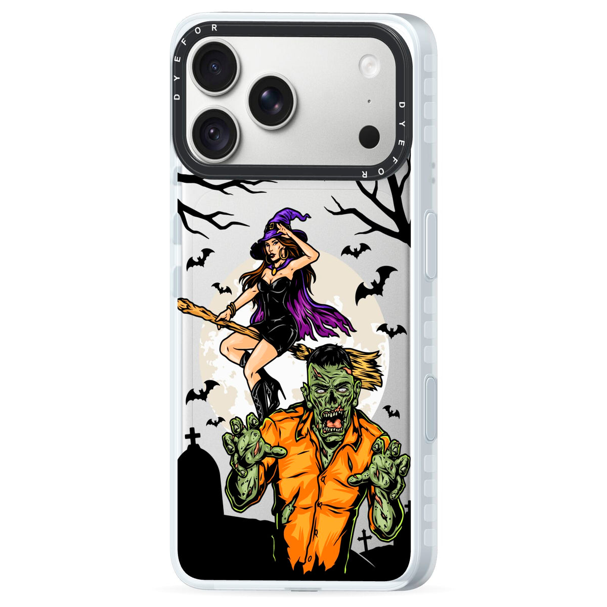 Witch Meets Zombie iPhone 18 Pro Max Black Impact Pre order Case Side Angle on Silver phone